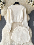 Runhufu Autumn Knitted Three Pieces Sets Long Sleeved Cardigan+ Single Breasted Strapless+ Stretch High Waisted Shorts Suits