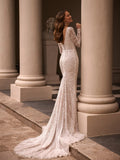 Runhufu Deep V-neck Wedding Dress Sparkly Sequins Beads Bride Robe Elegant Appliques Mermaid Long Bridal Gown Robe De Mari¨¦e