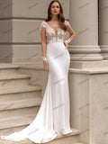 Runhufu Wedding Dresses Simple Bridal Gowns Satin Sheath Mermaid Lace Appliques Full Sleeves V-Neck Backless Vestidos De Novia