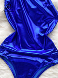 Runhufu One-shouldered PU Leather Bodysuits Women Slim Backless Sexy Bikini+Short Skirt Sets Fashion Solid Beach Playsuits