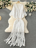 Runhufu Bohemian Style Women Loose Suits Hook Flower Hollow Out Bat Sleeve Shirt+Tassels Drawstring Bodycon Skirt Spring Sets