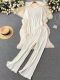 Runhufu Pleated Fashion Solid Set Women Loose O Neck Tops Elastic Waist Split Wide Leg Long Pants Ladies Elegant Two Piece Set
