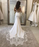 Runhufu Appliques Deep V-Neck Mermaid Wedding Dresses 2023 Charming Cap Sleeve Long Sweep Train Backless Formal Satin Bridal Gown