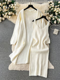 Runhufu Autumn Thick Warm Knitted Suits 2024 Strap Knit Dress+Loose Long Cardigans Sweater Home Wear Casual Two Pieces Sets