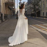 Runhufu Chiffon Wedding Dresses V-Neck Long Sleeves A-line Wedding Bride Dress Lace Applique Dress For Wome 2024 Vestidos De Novia