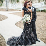 Runhufu Gothic Black Wedding Dress See-Through O-Neck Sleeveless Lace Appliques Mermaid Tulle Floor-Length Bride Prom Party Dress