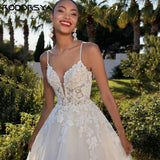 Runhufu Civil Wedding Dress Spaghetti Straps Backless V-Neck Bride Gowns Lace Applique A-Line Tulle Boho vestidos de novia