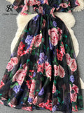 Runhufu 2024 Print Chiffon Dress Summer V Neck Elastic Sheath Long Temperament Butterfly Sleeve Fashion Floral Beach Dress