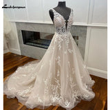 Runhufu Champagne Boho Wedding Dress Lace Appliques Tulle Long Bridal Beach Wedding Gowns vestido de casamento princesa