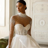 Runhufu Luxurious 2023 A-Line Wedding Dresses White Long Sleeve Pearls Tulle Bridal Gowns Boho Beach Evening Wedding Gowns Plus Size