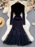 Runhufu Mesh Spliced Knitted Dress Women Long Sleeve Temperamant Midi Long Dress Winter Solid Party Fashtail Sweater Dress