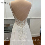 Runhufu Civil Chiffon Wedding Gowns Open Back Vintage Bridal Boho Long Wedding Dresses Lace Appliques V neck Vestido Boda