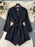 Runhufu Korean Style Casual Bodysuits O Neck Long Sleeves Hollow Out Backless Drawstring Elastic Waist Women Shorts Jumpsuits