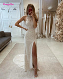 Runhufu Halter Lace Wedding Dresses Appliques Mermaid Side Slit Bridal Gowns With Detachable Tulle Train Sexy Long Bride Dress