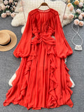 Runhufu Summer Chiffon Loose Sundress Women O Neck Long Puff Sleeves Irregular Ruffles Ruched Zipper Solid Elegant Party Dress