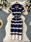 Runhufu Short Sleeves Striped Long Dress Lapel Neck Hollow Out Slim Bodycon Sundress Fashion Hotsweet Knitted Beach Midi Dress
