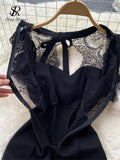 Runhufu Lace Splice Hollow Out Dress French Style Summer Women Zipper O Neck Elegant Ladies Split A Line Solid Dresses