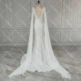 Runhufu Neck Column Crepe Wedding Dress Detachable Chiffon Shoulder Wings Custom Made Belt Simple V Neck Backless Satin Bridal Gowns