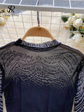 Runhufu Women Beading Sheer Sexy Top O Neck Long Sleeves Transparent Slim Short T Shirt Streetwear Ins Shiny Sequins Blouse
