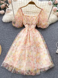 Runhufu Splice Mesh Floral Print Dress Women Summer 2024 Slim Elastic Waist Square Neck Gentle Ladies A Line Sweet Dresses