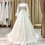 Runhufu Wedding Party Gown Lace Applique A-Line Long Wedding Dresses For Women Full Sleeves Tulle Sweep Train vestido de novia