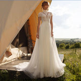 Runhufu Lace Tulle High Collar A-line Wedding Dress Boho Backless Short Sleeve Vintage Bridal Gown Elegant Vestido De Novia