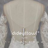 Runhufu Real Picture O-Neck Appliques Long Sleeves Crepe Mermaid Wedding Dress Illusion Back Court Train Bridal Gown