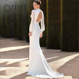Runhufu Simple Long Sleeve Wedding Dresses 2023 Sexy V-Neck Side Slit Bridal Gown Charming Cut Out Back Elegant vestidos de noiva