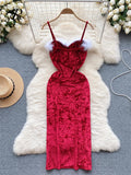 Runhufu Strap Plush Velvet Long Dress Autumn Inside Elastic Ruched Slim Backless Christmas Cosplay Sexy Dress