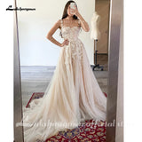 Runhufu Light Champagne Wedding Dresses 3D Flowers Spathetti Straps A Line Wedding Gown Beach Sweetheart Wedding Gowns