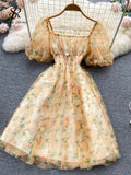 Runhufu Splice Mesh Floral Print Dress Women Summer 2024 Slim Elastic Waist Square Neck Gentle Ladies A Line Sweet Dresses