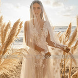 Runhufu Bohemian Wedding Dresses Lace Applique Women's Sexy Deep V-Neck Sleeveless Bridal Gowns Thin Beach Party Princess Robe