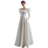 Runhufu Square Collar Satin Wedding Dresses Simple Suknia Slubna With Princess Puff Sleeves New Elegant A Line Robe De Mariee