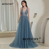 Runhufu Elegant V Neck Gray Blue Long Evening Dresses 2024 Party Sexy Backless Prom Gown Sleeveless Robe De Soiree For Women