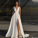 Runhufu Elegant A-Line Wedding Dresses Satin Side Slit Floor Length Custom To Measure For women With Pocket Robe De Mariee