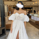 Runhufu Tulle Wedding Dresses Applique Sweetheart Illusion Sexy Bride Dress Puff Sleeves Dress For Women 2024 Robe De Mari¨¦e