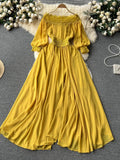 Runhufu France Retro Maxi Dress Slash Neck Long Lantern Sleeves Lace Patchwork Zipper Solid Women Elegant Senior Vintage Dress