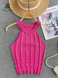 Runhufu Hotsweet Pearls Women Tops Strapless Backless Slim Fit Senior 2024 Korean Style Fashion Streetwear Mini Knitted Tank