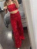 Runhufu Shiny Sequins Wide Leg Pants for Women Fashion Elastic High Waist Long Trousers Party Casual Streetwear Bottoms