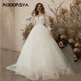 Runhufu Ivory Wedding Dresses Long Sleeve Appliques Lace Up Scoop Neck A-Line Tulle Boho Bride Gown 2024 vestido de noiva Beach