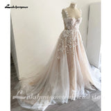 Runhufu Light Champagne Wedding Dresses 3D Flowers Spathetti Straps A Line Wedding Gown Beach Sweetheart Wedding Gowns