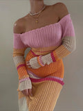Runhufu Elegant Off-Shoulder Knitted Long Dress Spring Fall Women Contrast Color Stripes Long Sleeve Wrapped Pencil Dresses