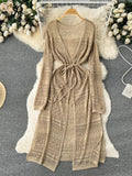 Runhufu Bohemian Casual Summer Cardigan Dress Women Long Sleeve Hollow Out Thin Fashion Vacation Midi Long Knitted Dresses