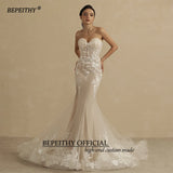 Runhufu Sweetheart Champagne Mermaid Wedding Dress For Women Ivory Lace Sleeveless Trumpet Vintage Bride 2024 Bridal Gown New