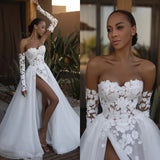 Runhufu fashion Bohemian lace wedding dress A line long sleeve sexy sweetheart backless slit custom new bride dress 2024