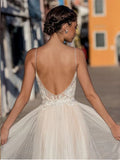 Runhufu Spaghetti Straps Wedding Dresses for Woman V-neck Lace Appliques Backless Beach Bridal Gown Bohemian Robe De Mariee A Line