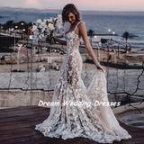 Runhufu Luxury 3D Lace Appliques Mermaid Wedding Dresses Sweetheart Spaghetti Straps Backless Bride Gown Floral Beach Boho Bridal