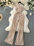 Runhufu American Retro Sequin Jumpsuit Diagonal Collar Solid Long Wide Legs Pants Romper Elegant Backless Sexy Party Jumpsuits