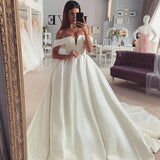 Runhufu Simple A-Line Wedding Dresses Off The Shoulder Satin Sweep Train Bridal Gowns Boho Beach Evening Wedding Gowns Custom Size