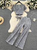 Runhufu High Street Women Lace Slim Two Pieces Suits Summer Lace Up Short Top+Wide Legs Long Pants Set Retro Lace Floral Sets
